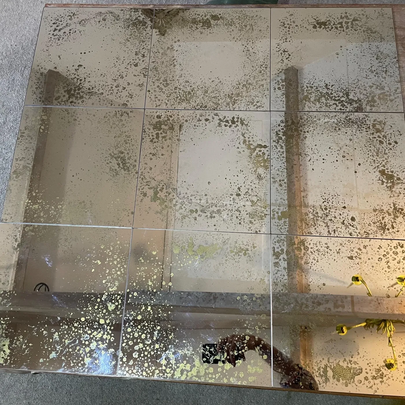 Antiqued Copper, Silver and Gold distressed mirror tile, 30x30cm, handcrafted by Foxy Glass