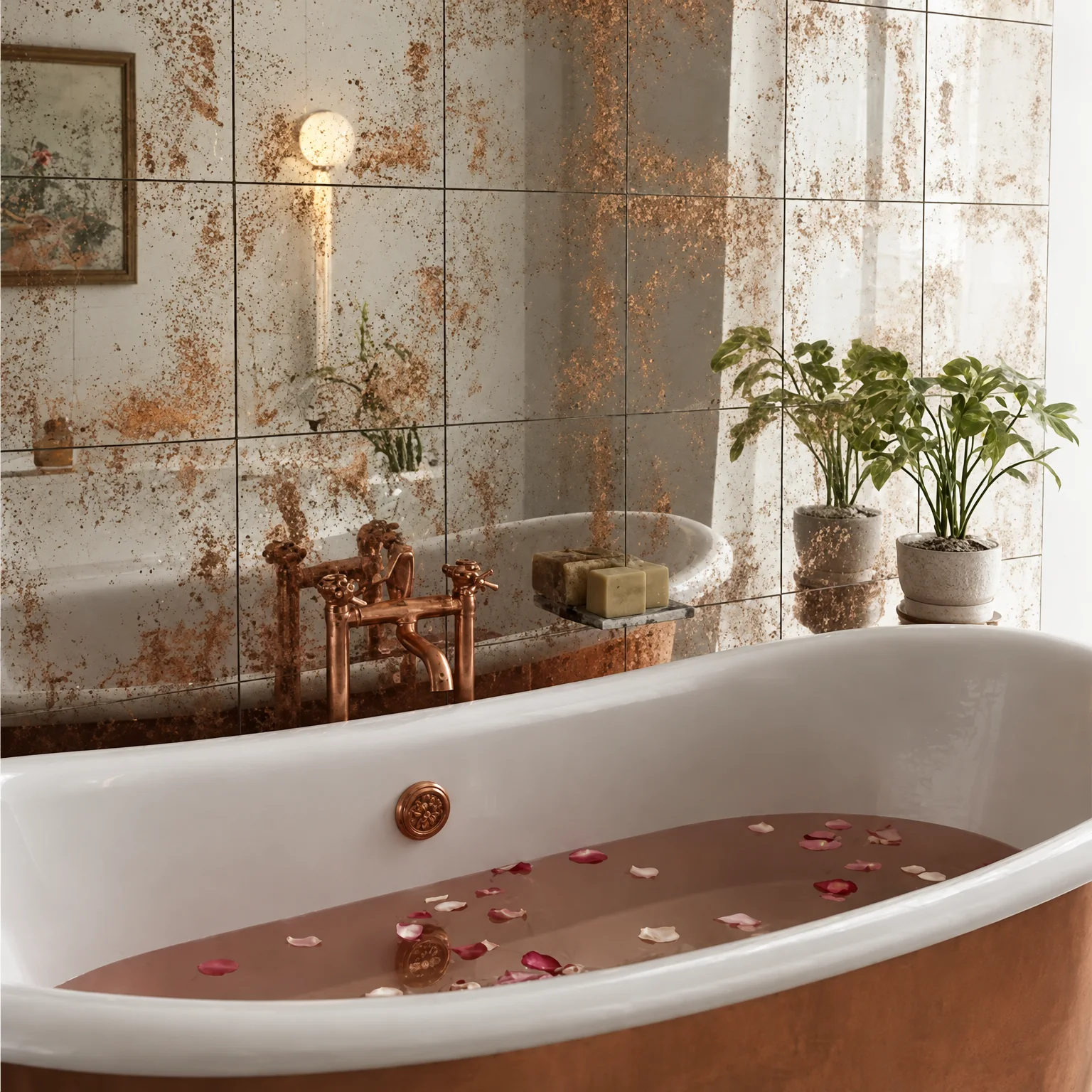 Antiqued copper distressed mirror tiles installed on a bathroom wall behind a freestanding bathtub
