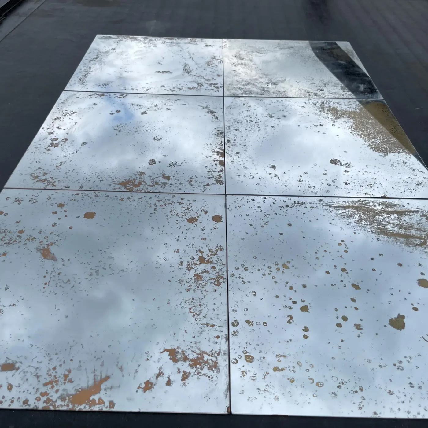Antiqued Copper, Silver and Gold distressed mirror tile, 30x30cm, handcrafted by Foxy Glass